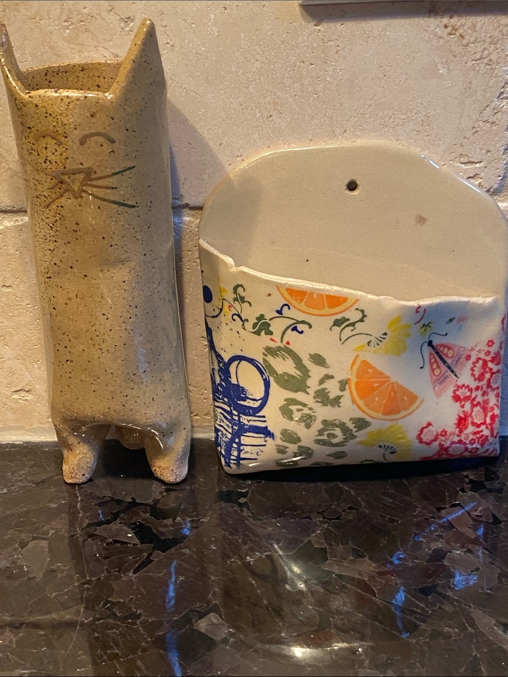 2 Lena Handmade Ceramic Wall Pocket w/Citrus Floral Pattern/Cat Shape Tall Vese